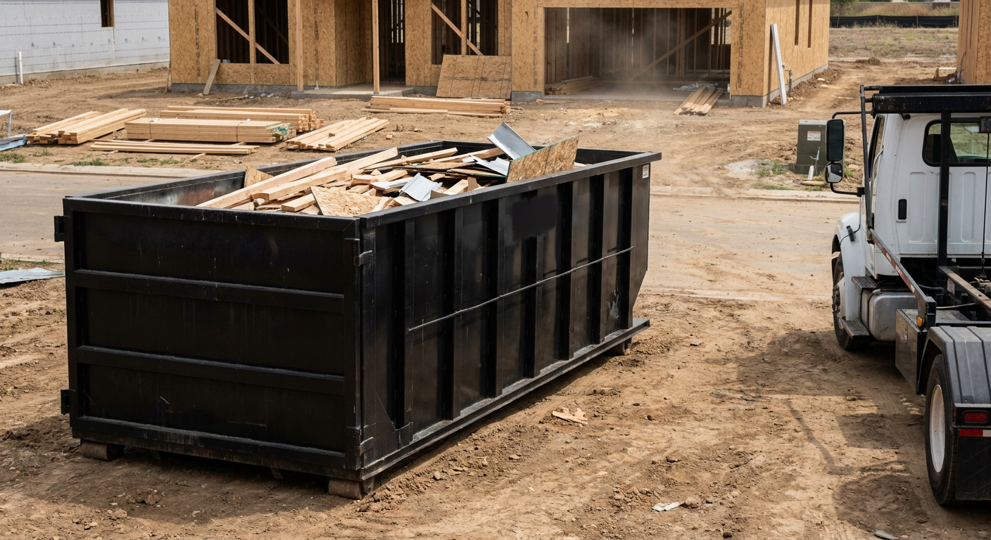 Matte-black 20-yard roll-off construction dumpster with heavy ribbed steel sidewalls and swing rear doors at a working jobsite in Troy, sitting directly on compacted dirt with an unmarked white hauler partially visible at the far edge of the frame.