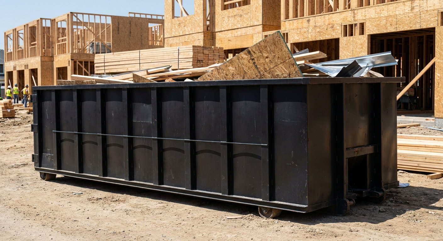 Matte-black 40-yard roll-off construction dumpster being lowered from a white-cab hooklift delivery truck onto the compacted-dirt jobsite at a commercial build site in Troy