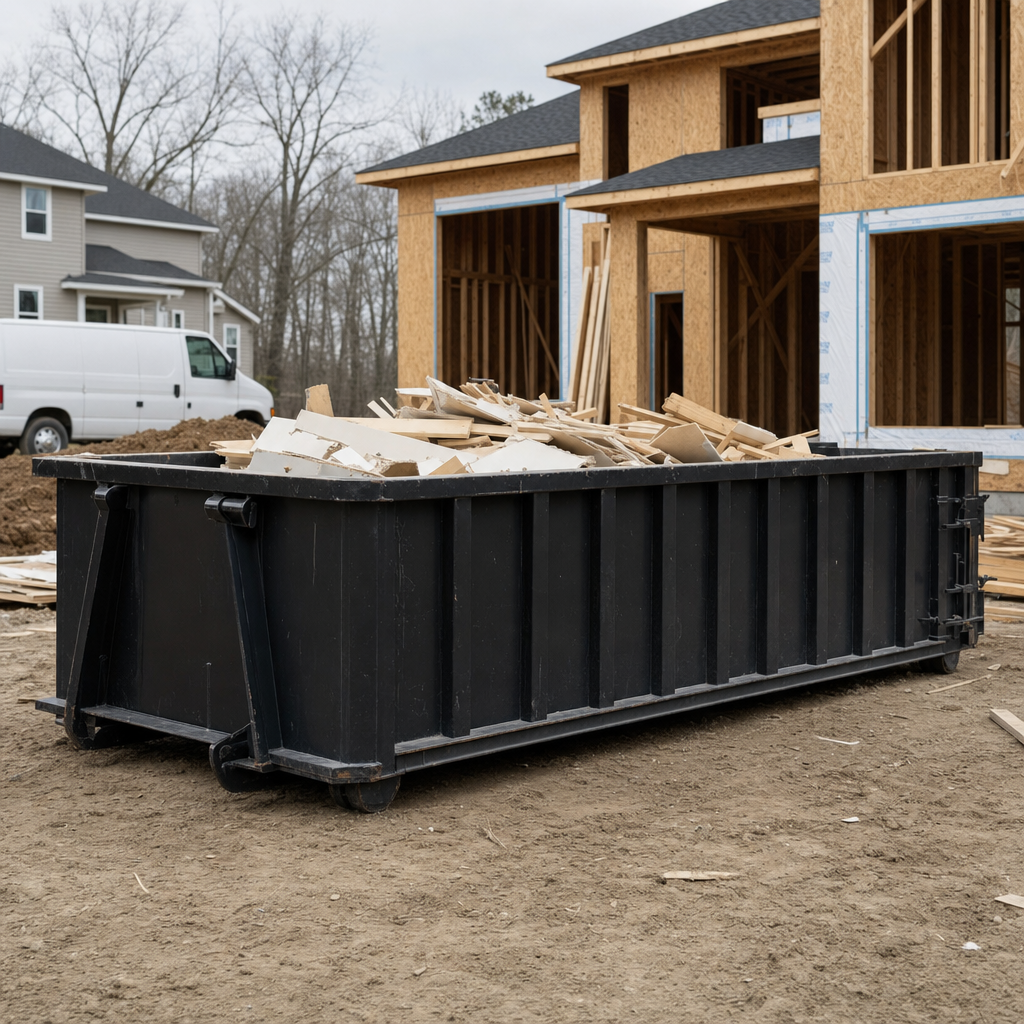 Worker in a yellow high-visibility vest tossing framing lumber and broken drywall into a matte-black 30-yard construction roll-off dumpster on an active build site in Troy, bright daylight