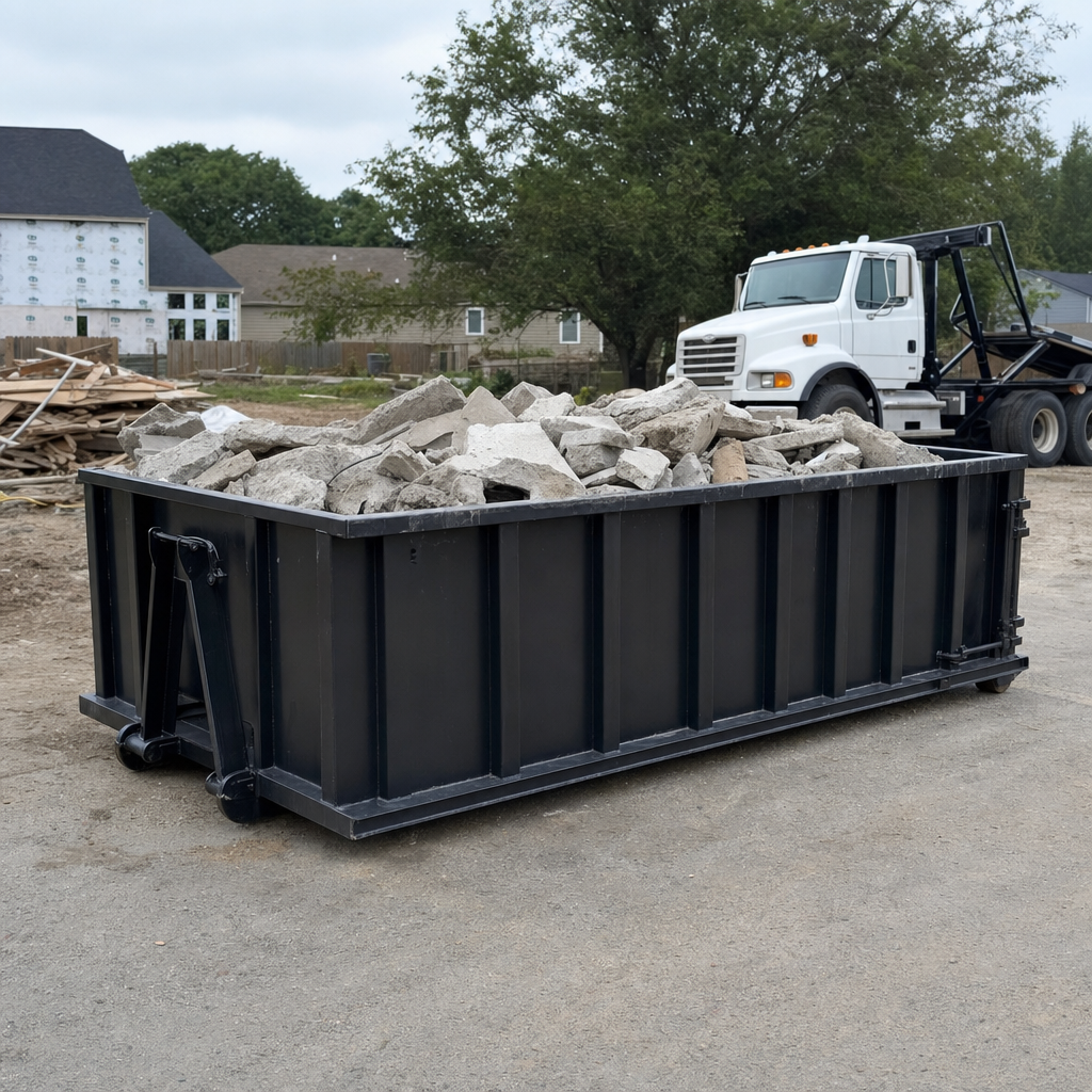 Low-profile matte-black lowboy roll-off dumpster loaded with broken concrete slab and rebar at a foundation tear-out in Troy, skid steer parked beside it, sunny Colorado morning
