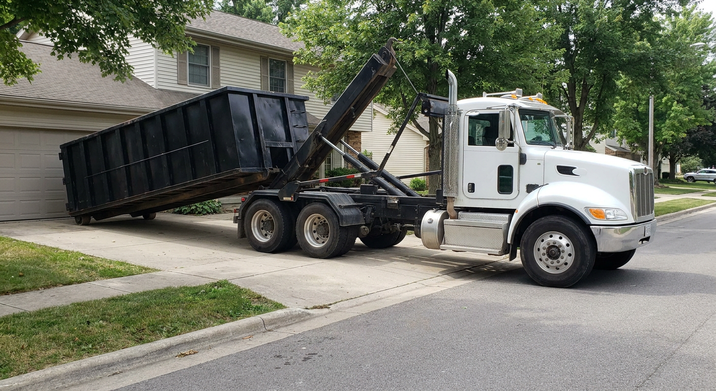White-cab hooklift roll-off truck actively lowering a matte-black dumpster onto a Troy residential concrete driveway, the dumpster's rear wheels touching the driveway as the hoist arm tilts the bed forward, mid-morning daylight.
