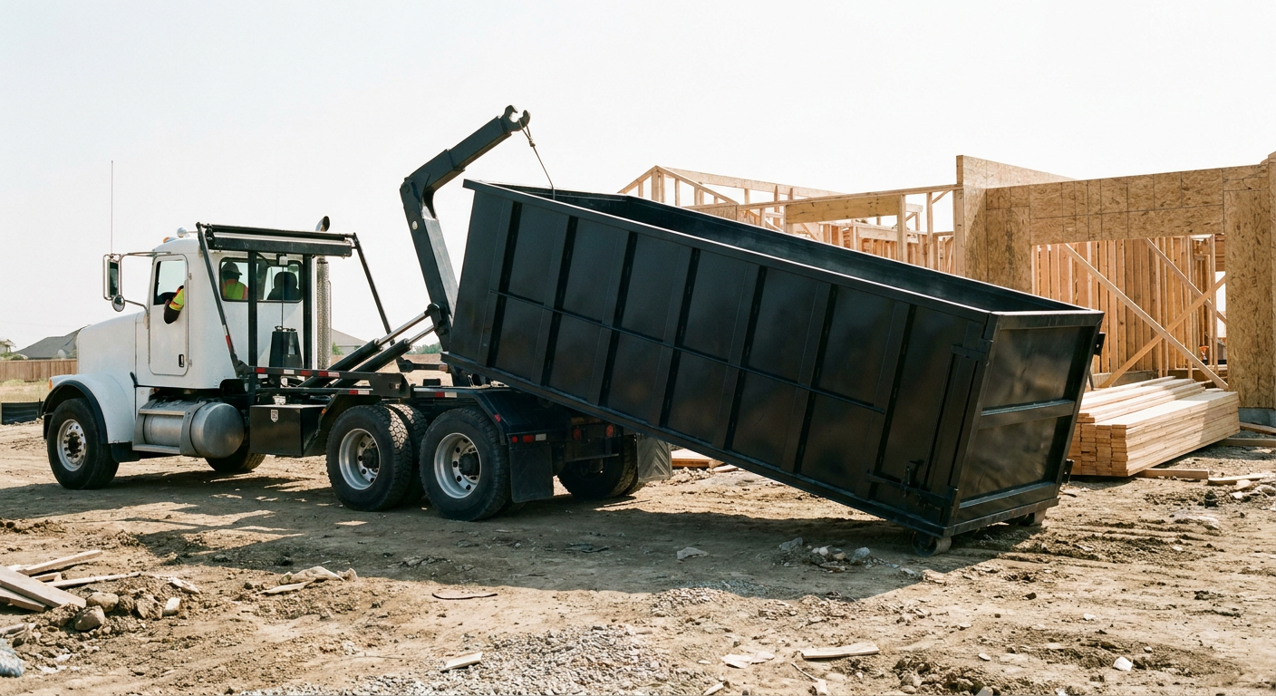 Matte-black roll-off dumpster being delivered onto a clean residential concrete driveway in Troy by an unmarked white hooklift hauler truck, bright morning daylight, documentary 35mm perspective.