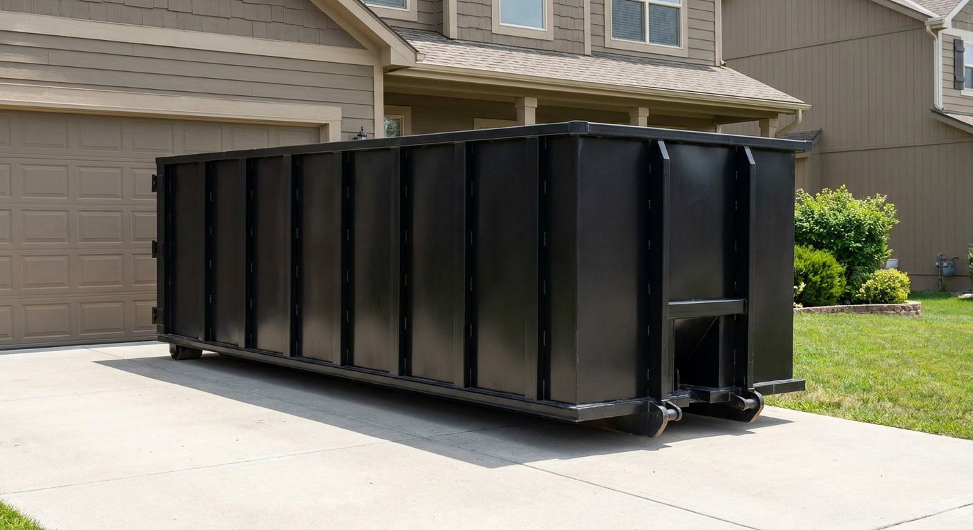 Matte-black residential roll-off dumpster sitting directly on a suburban Troy concrete driveway, garage door closed, single-family home in background, bright morning daylight.