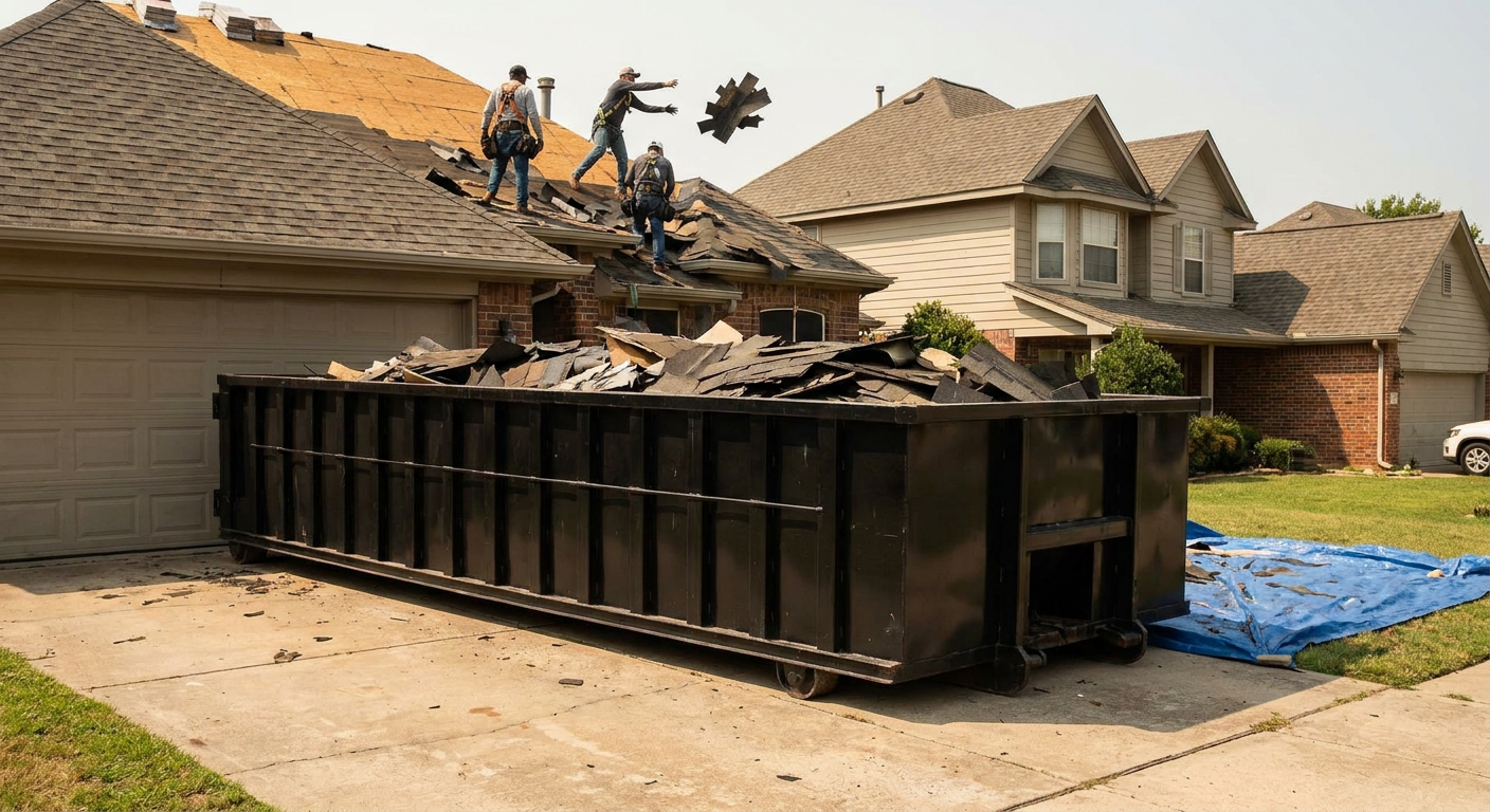 Matte-black roofing roll-off dumpster placed directly on a Troy residential concrete driveway, a tear-off crew on a two-story asphalt-shingle roof tossing shingle bundles into the low-walled container, bright daylight, documentary 35mm perspective.