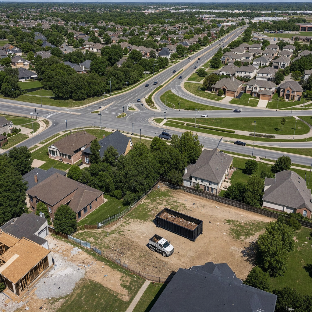 An overhead documentary view of the Troy metro area at midday, showing the spread of neighborhoods, arterial roads, and the dispatch radius from a central yard — clean daylight, organized geographic layout.
