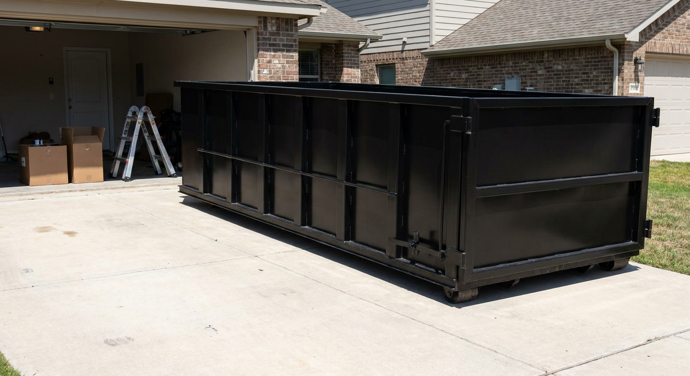 A matte-black 10-yard roll-off dumpster sitting directly on a residential Troy concrete driveway, mid-day sunlight, clean and ready for a garage cleanout.