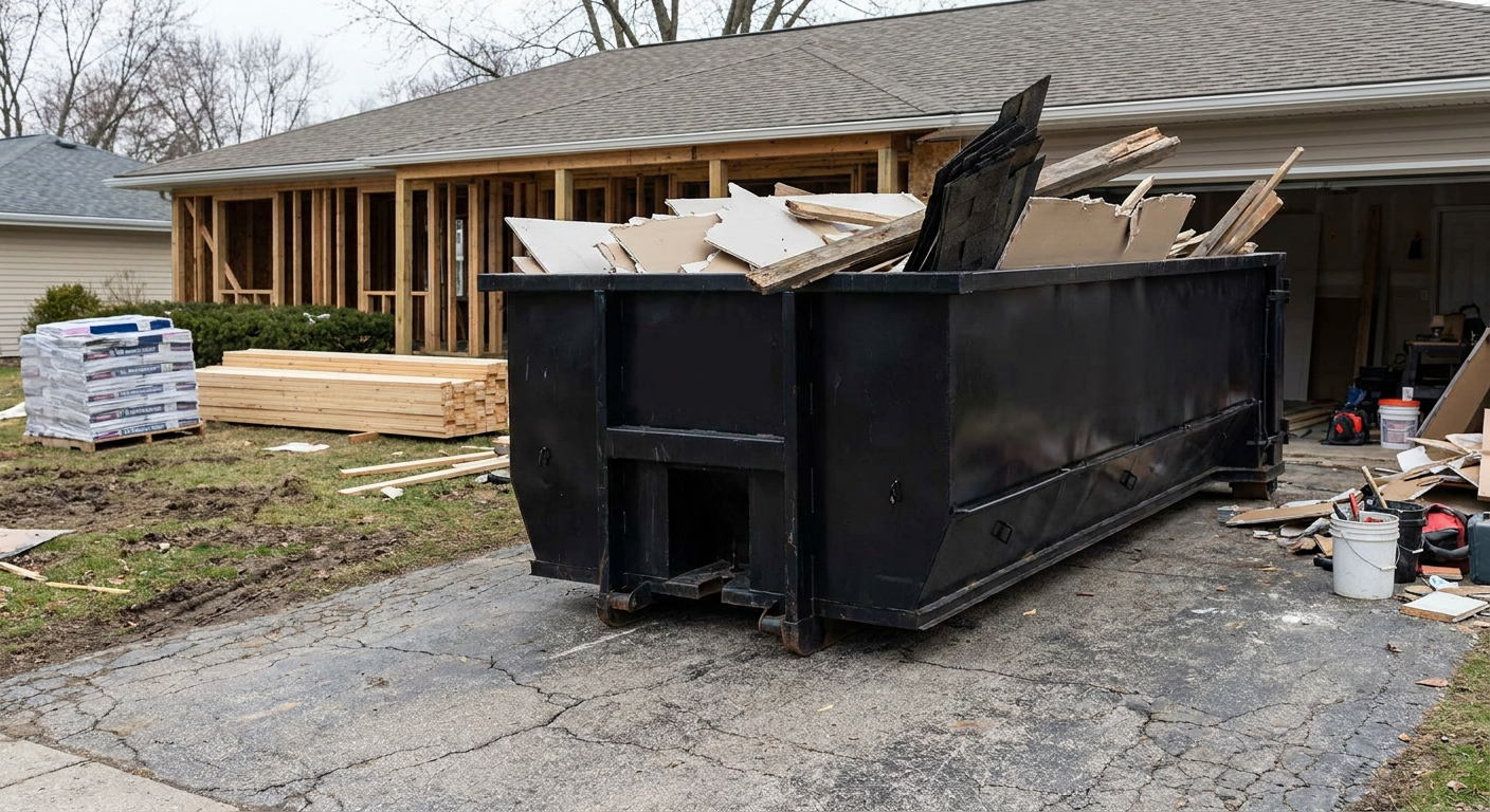 A matte-black 20-yard roll-off dumpster placed alongside a mid-renovation Troy home directly on the asphalt driveway, with framing materials and torn-off shingles staged neatly nearby.