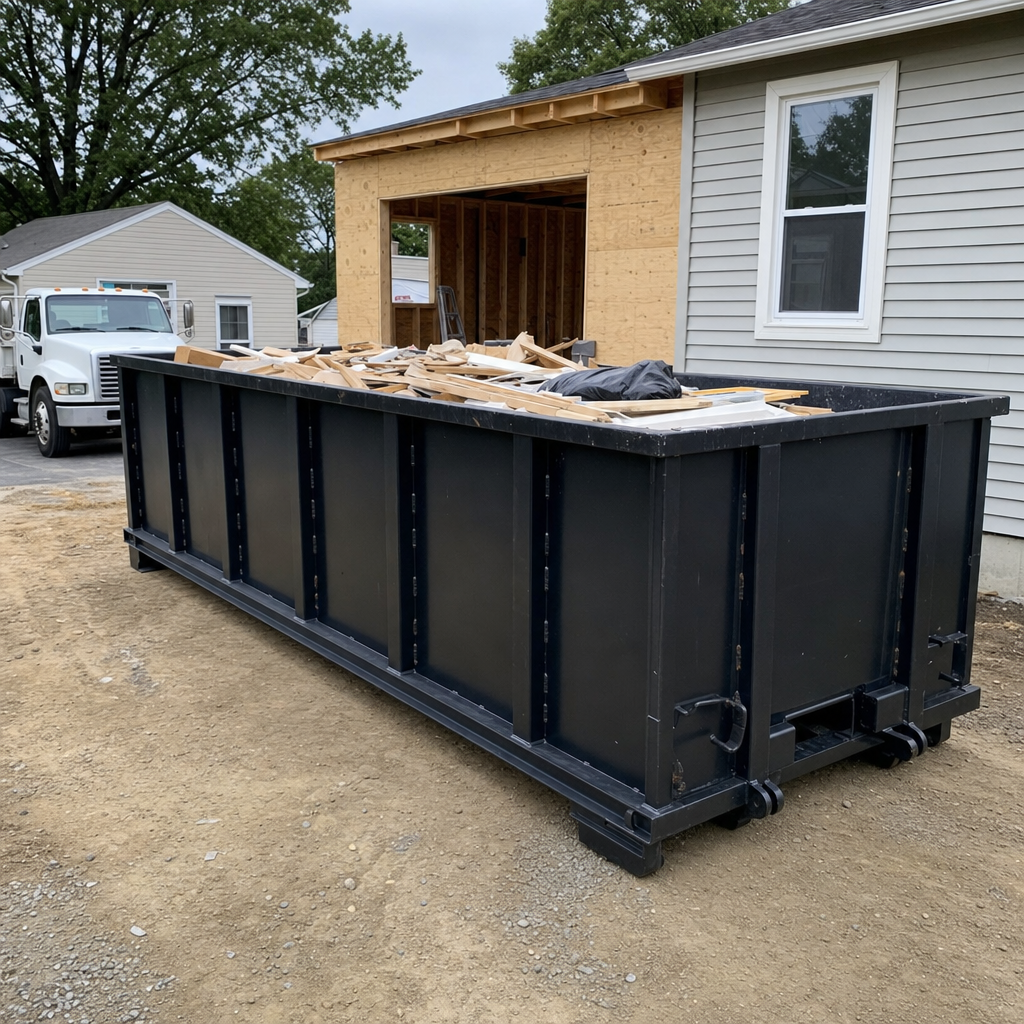 A matte-black 30-yard roll-off dumpster positioned at a Troy residential addition jobsite, with framing lumber and drywall scraps loaded through the open swinging rear doors.
