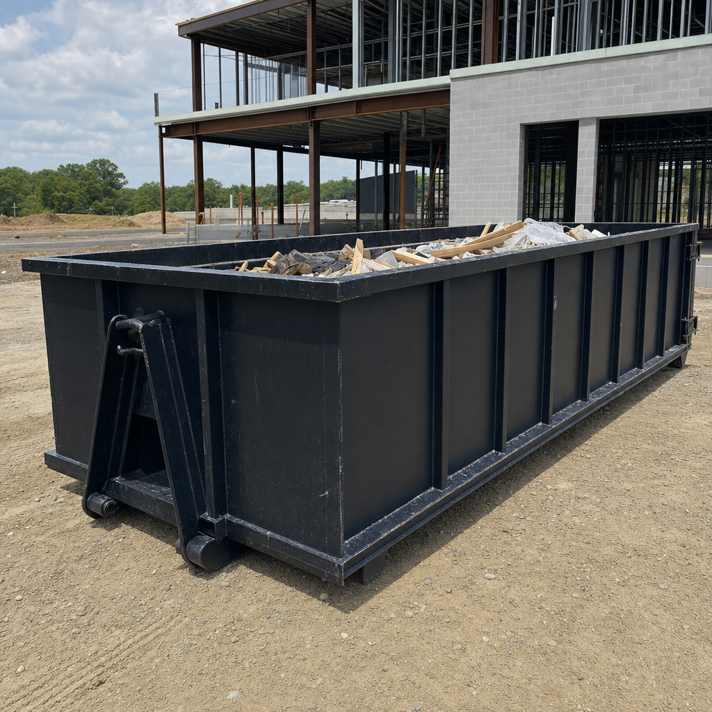 A matte-black 40-yard roll-off dumpster staged on a large Troy commercial construction lot, with a hooklift delivery truck parked alongside under bright midday sky.