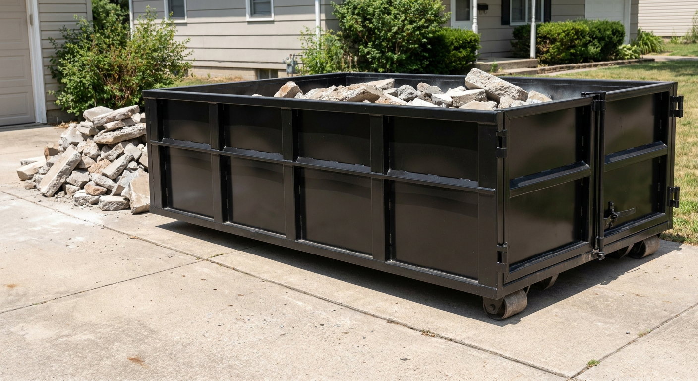 A matte-black low-side heavy-debris roll-off dumpster placed directly on a Troy concrete driveway, with broken concrete chunks neatly stacked beside it under clean daylight.